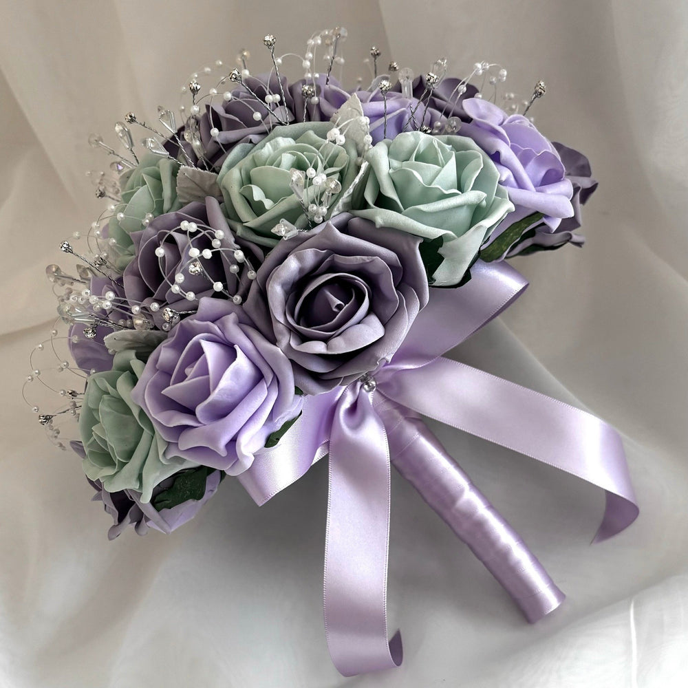 Artificial Wedding Bouquet Sage Green, Lavender & Lilac Roses, Diamantés and Crystals, Bridal Flowers FL68
