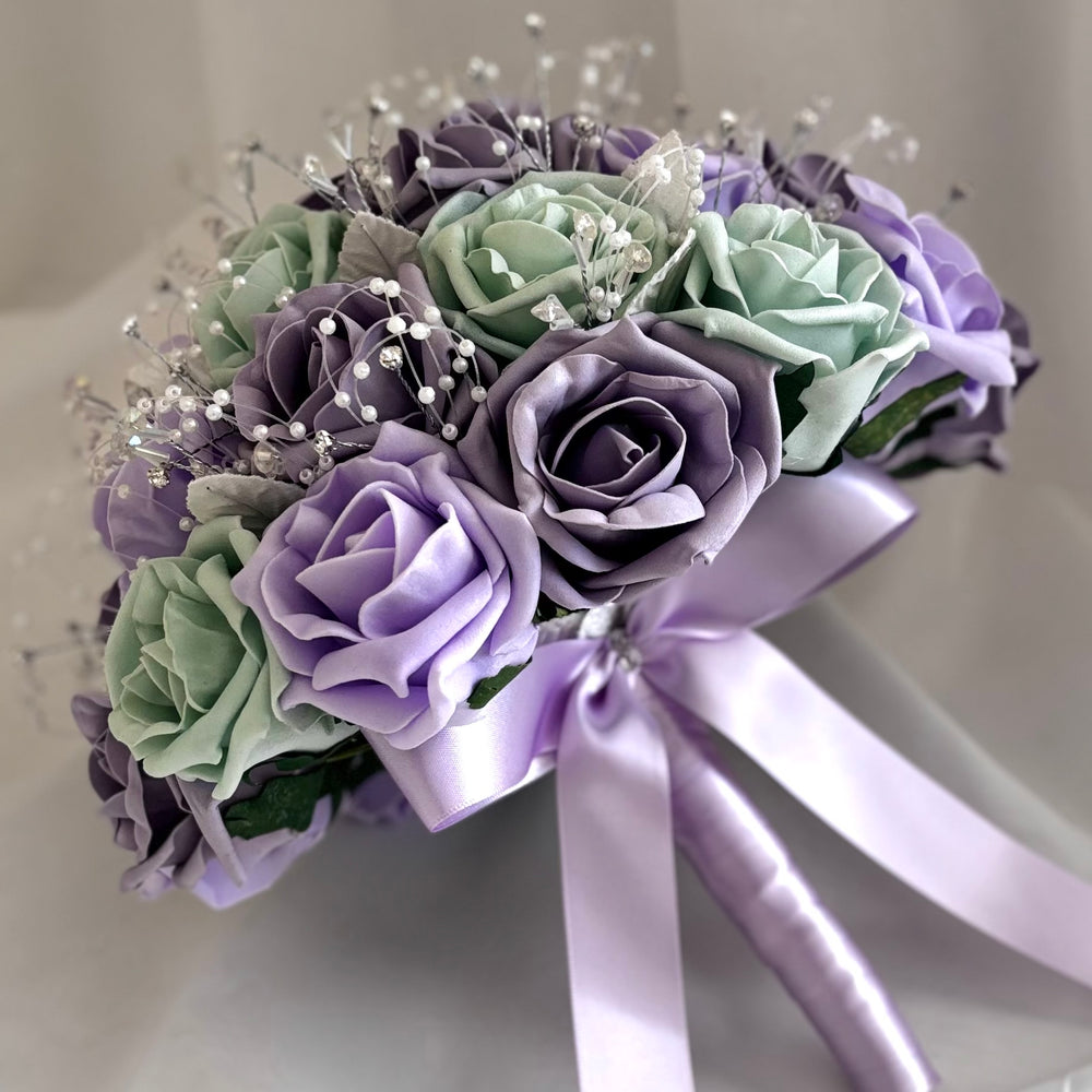 Artificial Wedding Bouquet Sage Green, Lavender & Lilac Roses, Diamantés and Crystals, Bridal Flowers FL68