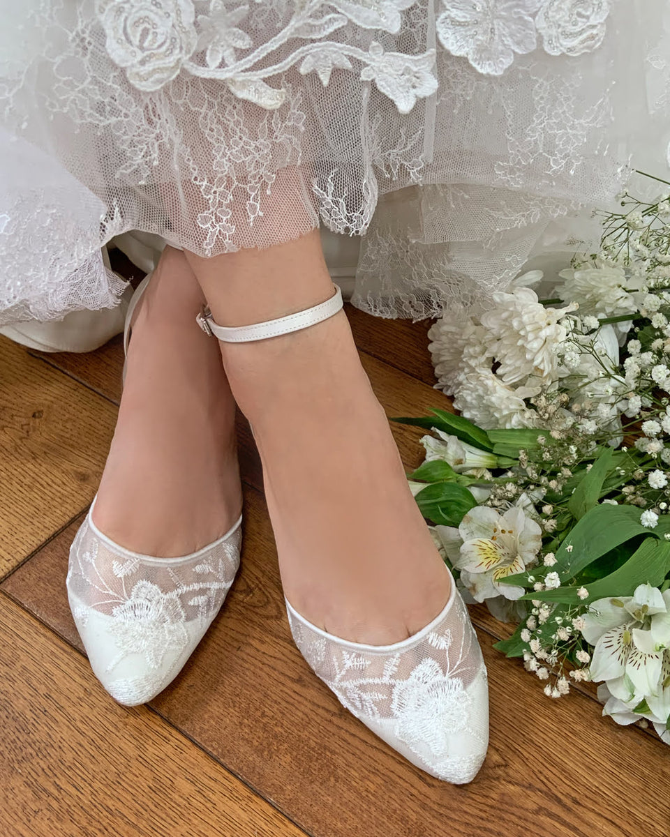 Ivory Satin and Lace Bridal Shoe Low Block Heel