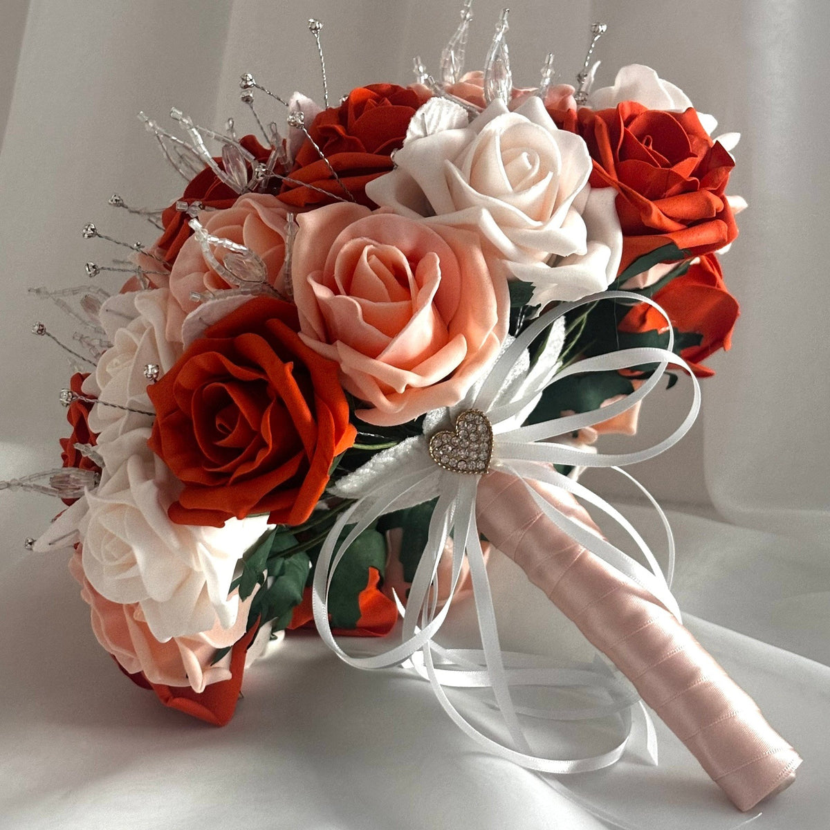 Artificial Wedding Bouquet in Orange and Peach Roses – Topknot