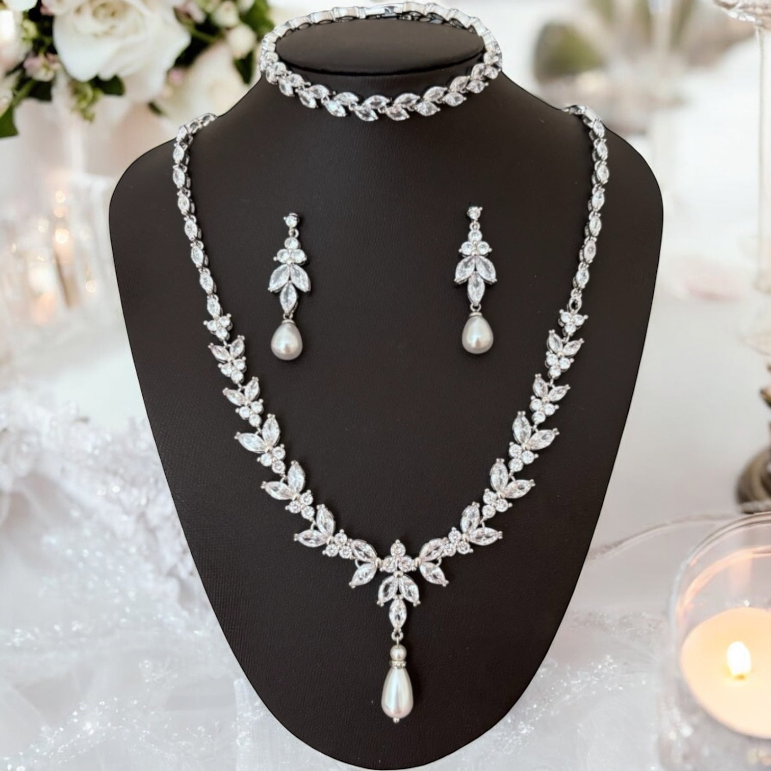Haraty Bridal Crystal Necklace & Earrings Set – Silver Floral Wedding Jewelry For Bride & Bridesmaids - View #8