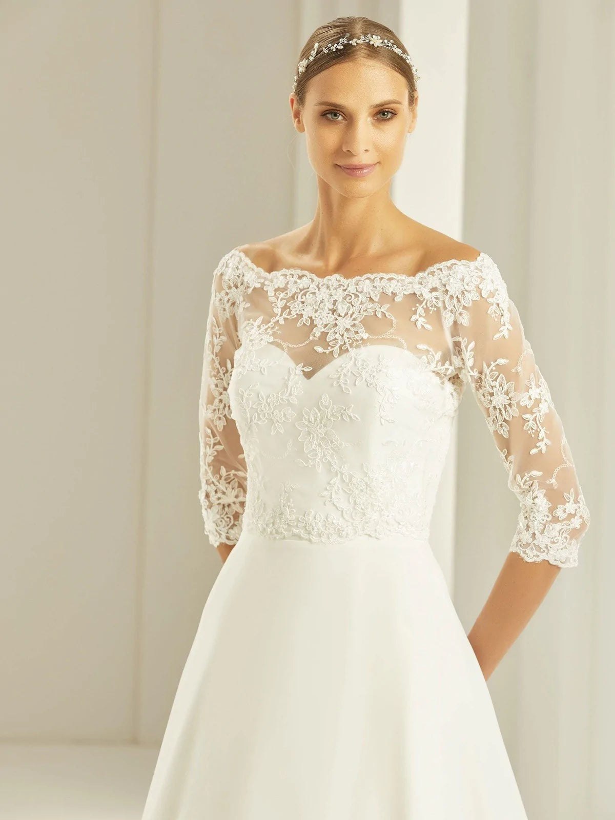 Ivory Lace Bolero Wedding Dress Cover Up Topknot Tiaras