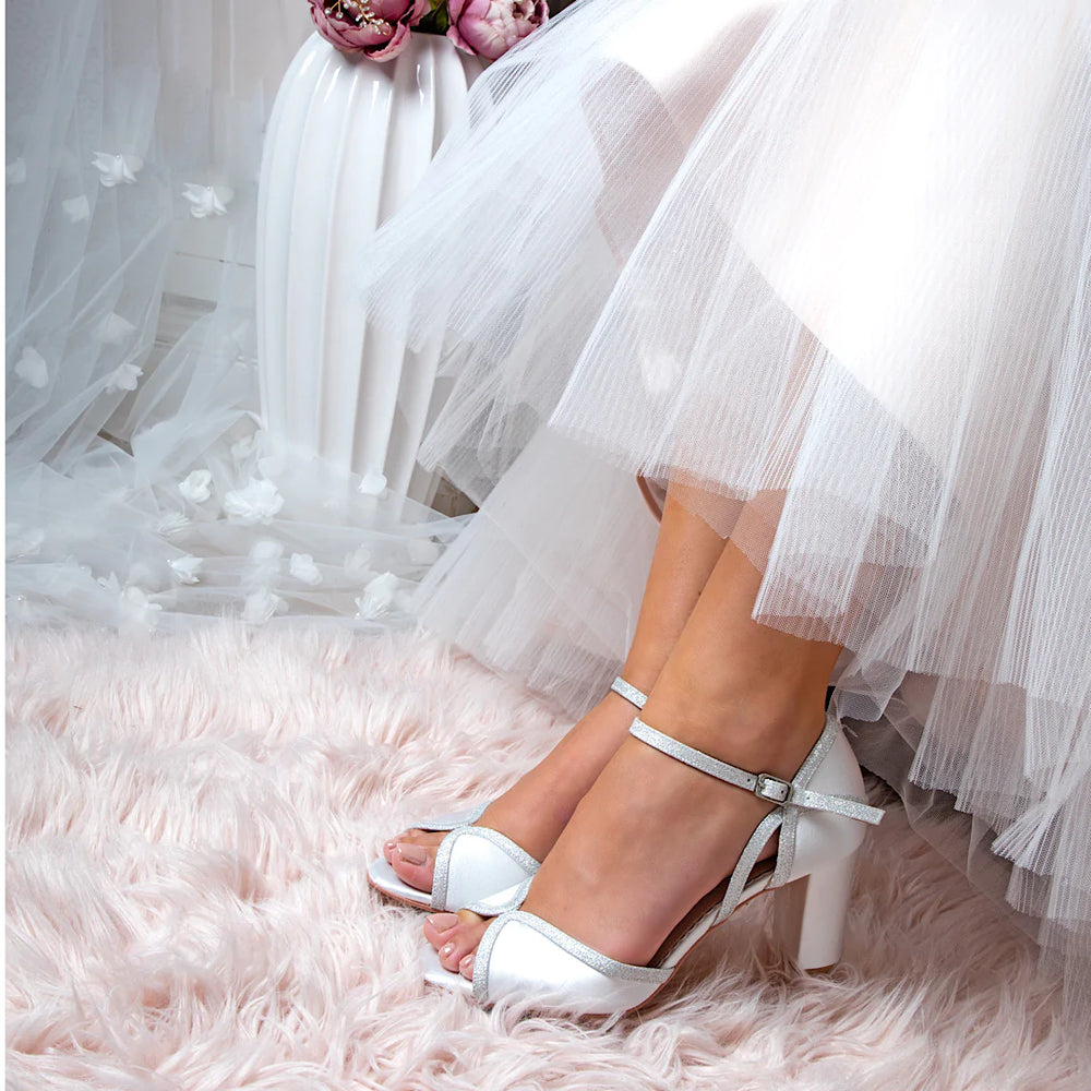 Block Heel Wedding Shoe, Ivory Satin and Glitter, By Perfect Bridal, Sabrina