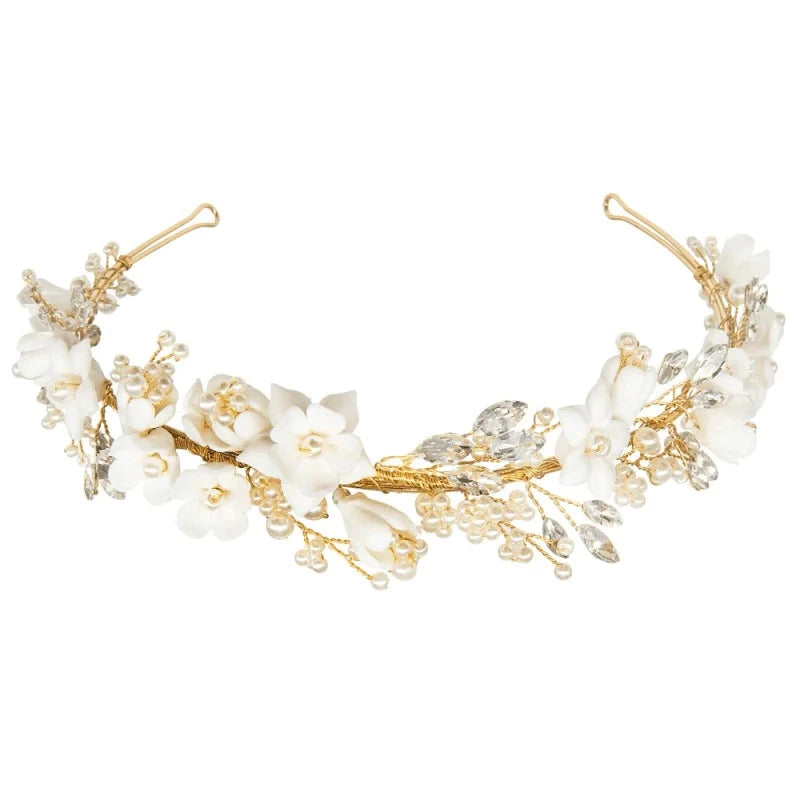 Gold Floral Wedding Headband with Crystals & Pearls, A9068