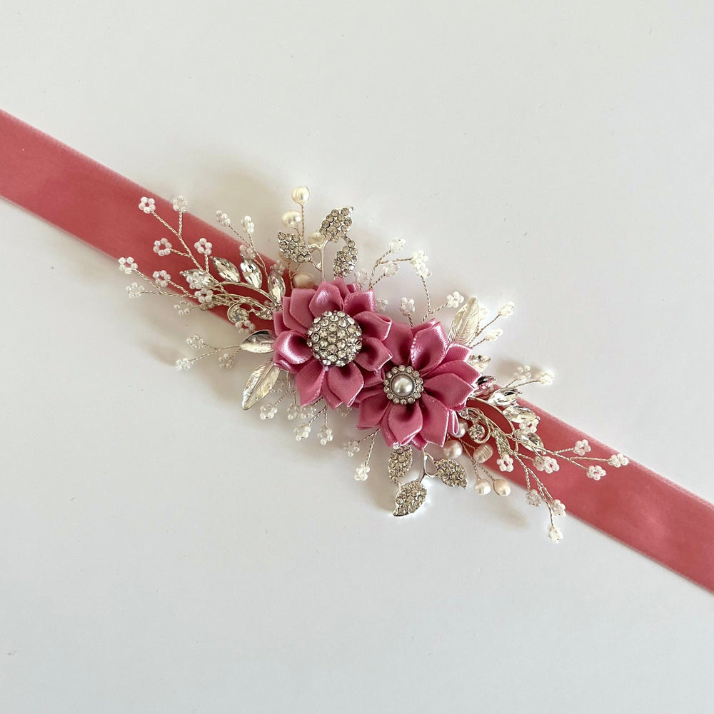 Velvet Flower Girl Belt Sash, Floral Bridal Belt, Wedding Dress Belt, All colours, TT431