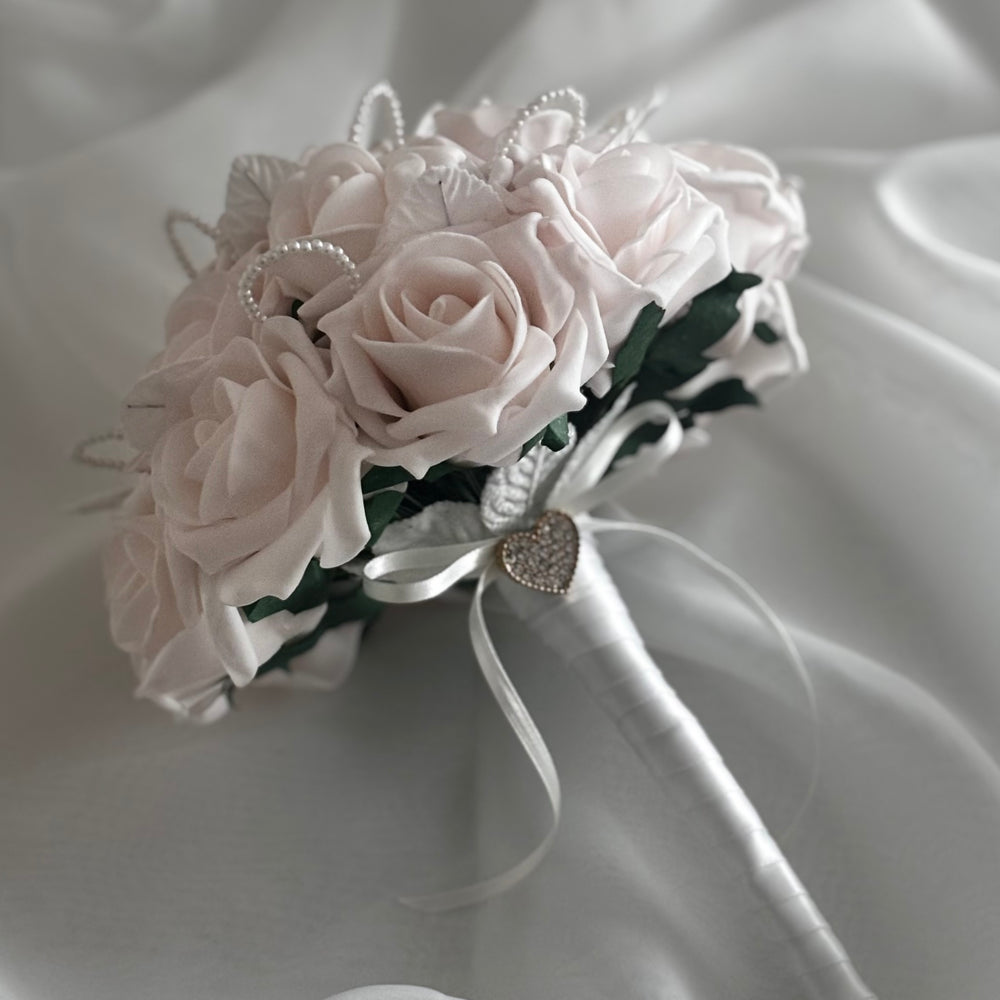 Pink Artificial Wedding Bouquet Roses with Pearls, Bridal Flowers FL47