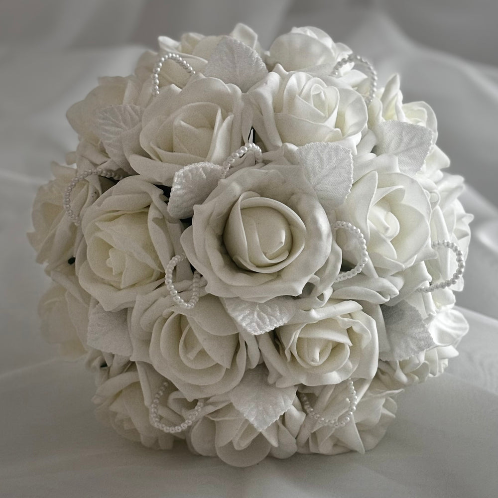Artificial Wedding Bouquet Ivory Roses and Pearls, Bridal Flowers FL42