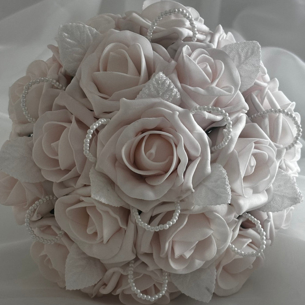 Pink Artificial Wedding Bouquet Roses with Pearls, Bridal Flowers FL47