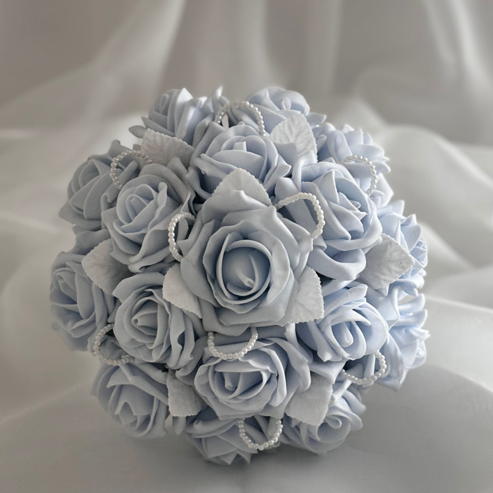 Artificial Wedding Bouquet Baby Blue Roses with Pearls, Bridal Flowers FL46