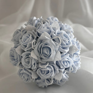 Artificial Wedding Bouquet Baby Blue Roses with Pearls, Bridal Flowers FL46