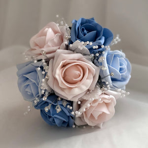 Artificial Wedding Bouquet Blush Pink & Blue Roses, Diamantés and Crystals, Bridal Flowers FL67