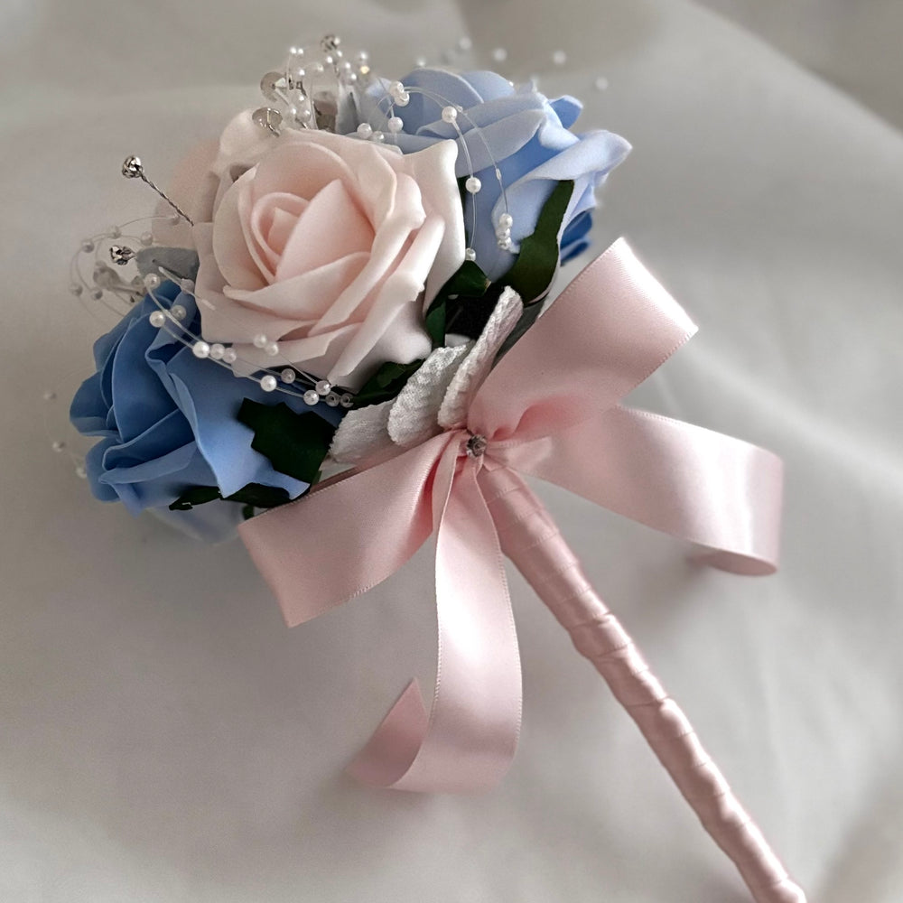 Artificial Wedding Bouquet Blush Pink & Blue Roses, Diamantés and Crystals, Bridal Flowers FL67