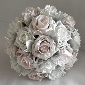 Artificial Wedding Bouquet, Blush Pink & White with Crystals and Pearls, Bridal Flowers FL58