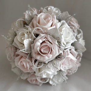 Artificial Wedding Bouquet, Blush Pink & White with Crystals and Pearls, Bridal Flowers FL58