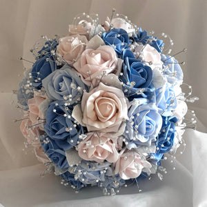 Artificial Wedding Bouquet Blush Pink and Blue Roses, Diamantés and Crystals, Bridal Flowers FL66