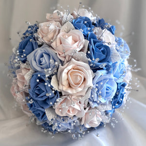 Artificial Wedding Bouquet Blush Pink and Blue Roses, Diamantés and Crystals, Bridal Flowers FL66