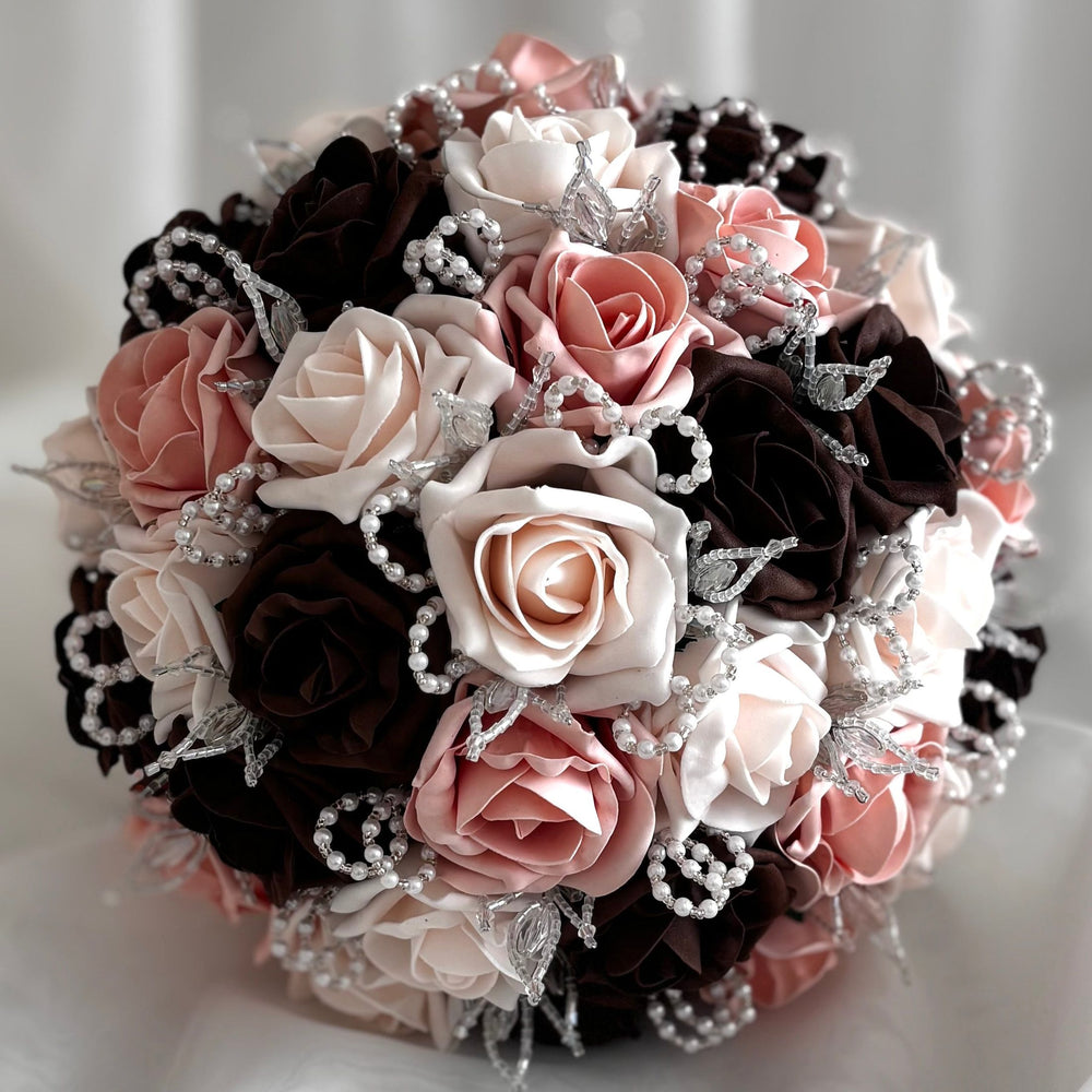 Artificial Wedding Bouquet, Brown & Peach Mist Roses FL78