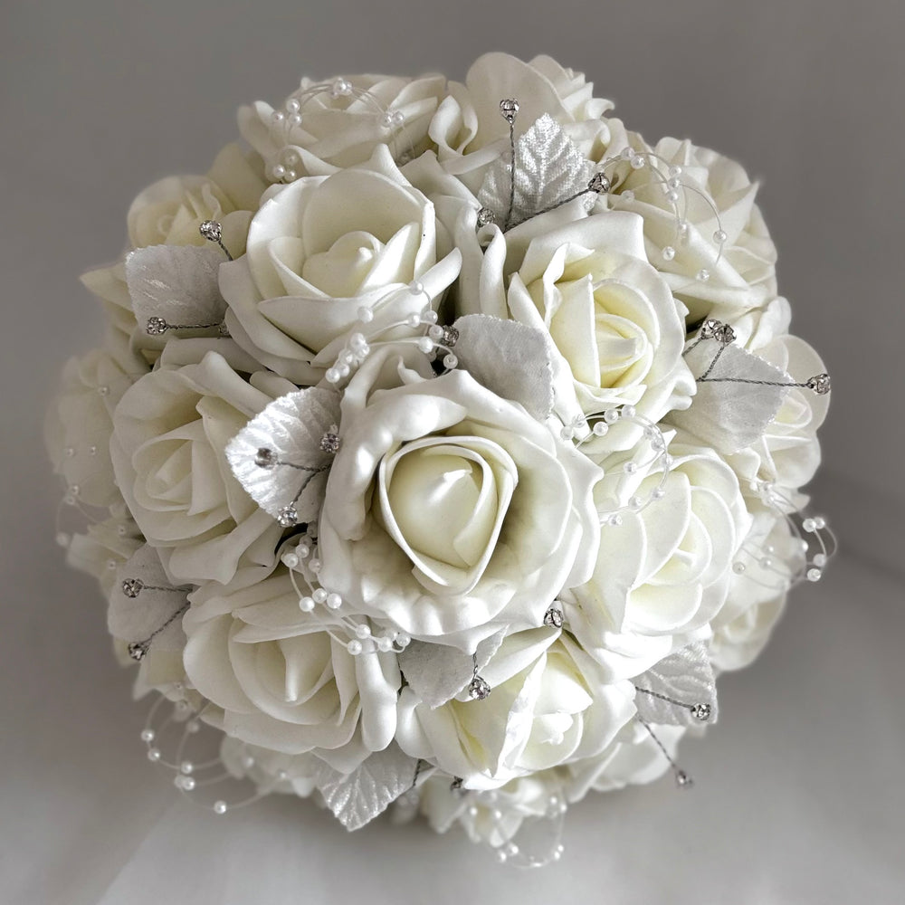 Artificial Wedding Bouquet Ivory Roses, Diamantés and Pearls, Bridal Flowers FL60