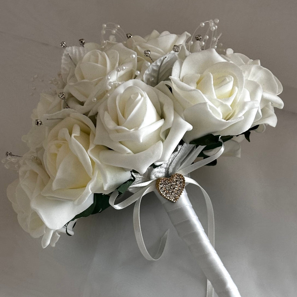 Artificial Wedding Bouquet Ivory Roses, Diamantés and Pearls, Bridal Flowers FL60