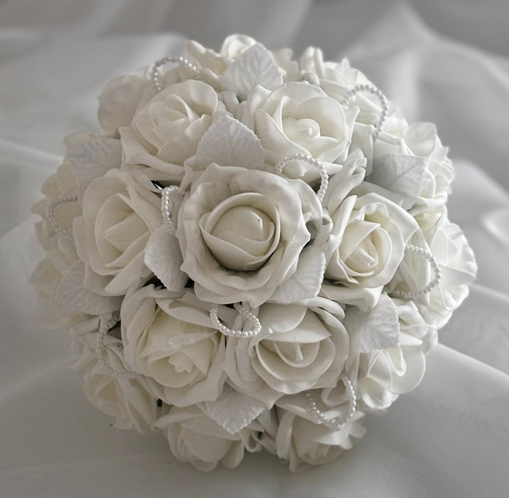 Artificial Wedding Bouquet Ivory Roses and Pearls, Bridal Flowers FL42