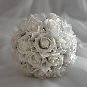 Artificial Wedding Bouquet Ivory Roses and Pearls, Bridal Flowers FL42