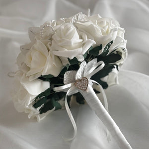 Artificial Wedding Bouquet Ivory Roses and Pearls, Bridal Flowers FL42