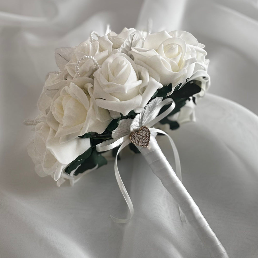 Artificial Wedding Bouquet Ivory Roses and Pearls, Bridal Flowers FL42