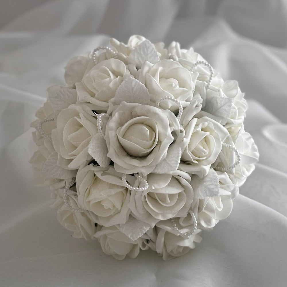 Artificial Wedding Bouquet Ivory Roses and Pearls, Bridal Flowers FL42