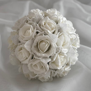 Artificial Wedding Bouquet Ivory Roses and Pearls, Bridal Flowers FL42