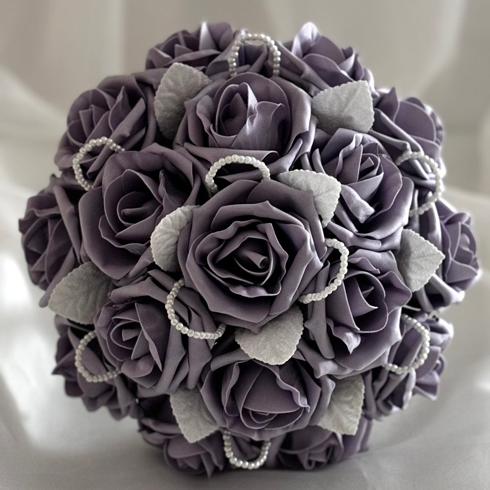 Artificial Wedding Bouquet Lavender Roses and Pearls, Bridal Flowers FL43