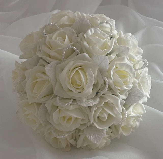 Artificial Wedding Bouquet Lemon Roses with Pearls, Bridal Flowers FL45
