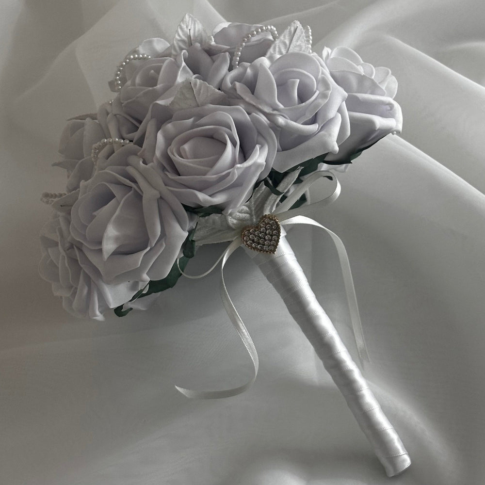 Artificial Wedding Bouquet Light Lavender Roses and Pearls, Bridal Flowers FL44