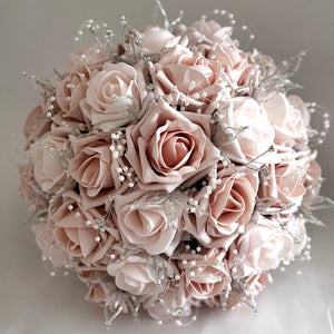 Artificial Wedding Bouquet Mocha Pink and Blush Pink Roses, Bridal Flowers FL55