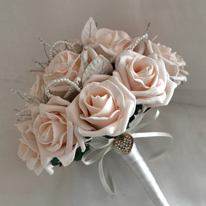 Artificial Wedding Bouquet Peach Mist Roses, Crystals & Pearls, Bridal Flowers FL59