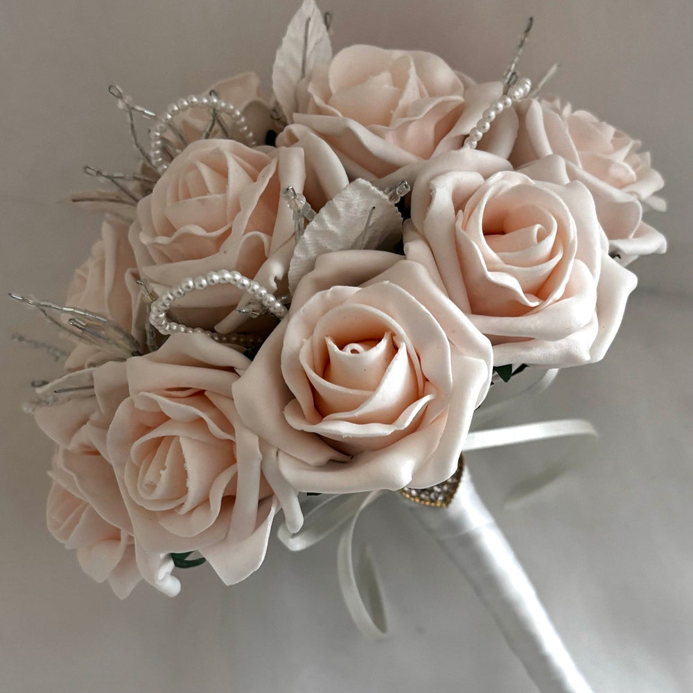 
            
                Load image into Gallery viewer, Artificial Wedding Bouquet Peach Mist Roses, Crystals &amp;amp; Pearls, Bridal Flowers FL59
            
        