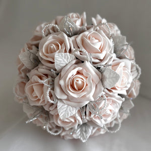 
            
                Load image into Gallery viewer, Artificial Wedding Bouquet Peach Mist Roses, Crystals &amp;amp; Pearls, Bridal Flowers FL59
            
        