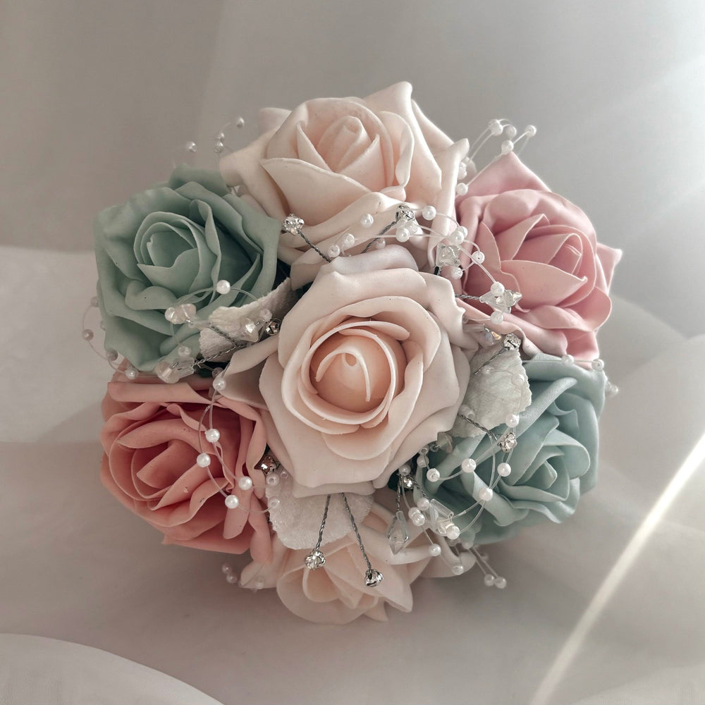 
            
                Load image into Gallery viewer, Artificial Wedding Bouquet Peach and Sage Green, Diamantés and Crystals, Bridal Flowers FL65
            
        