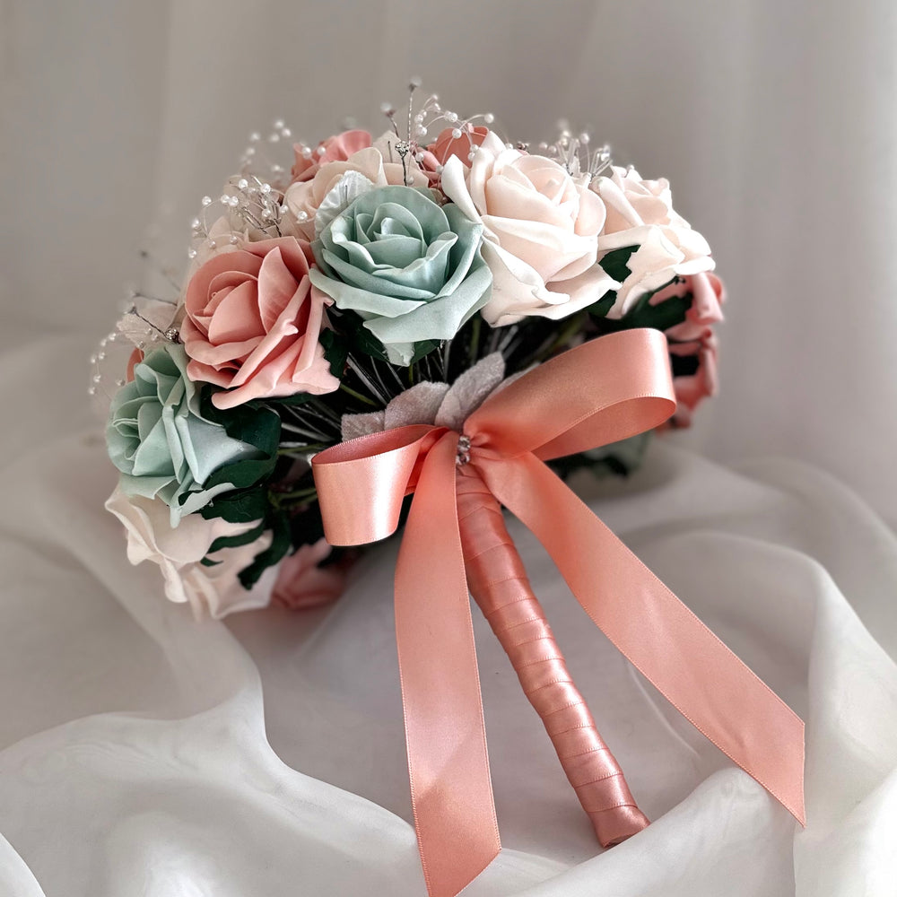 
            
                Load image into Gallery viewer, Artificial Wedding Bouquet Peach and Sage Green, Diamantés and Crystals, Bridal Flowers FL64
            
        