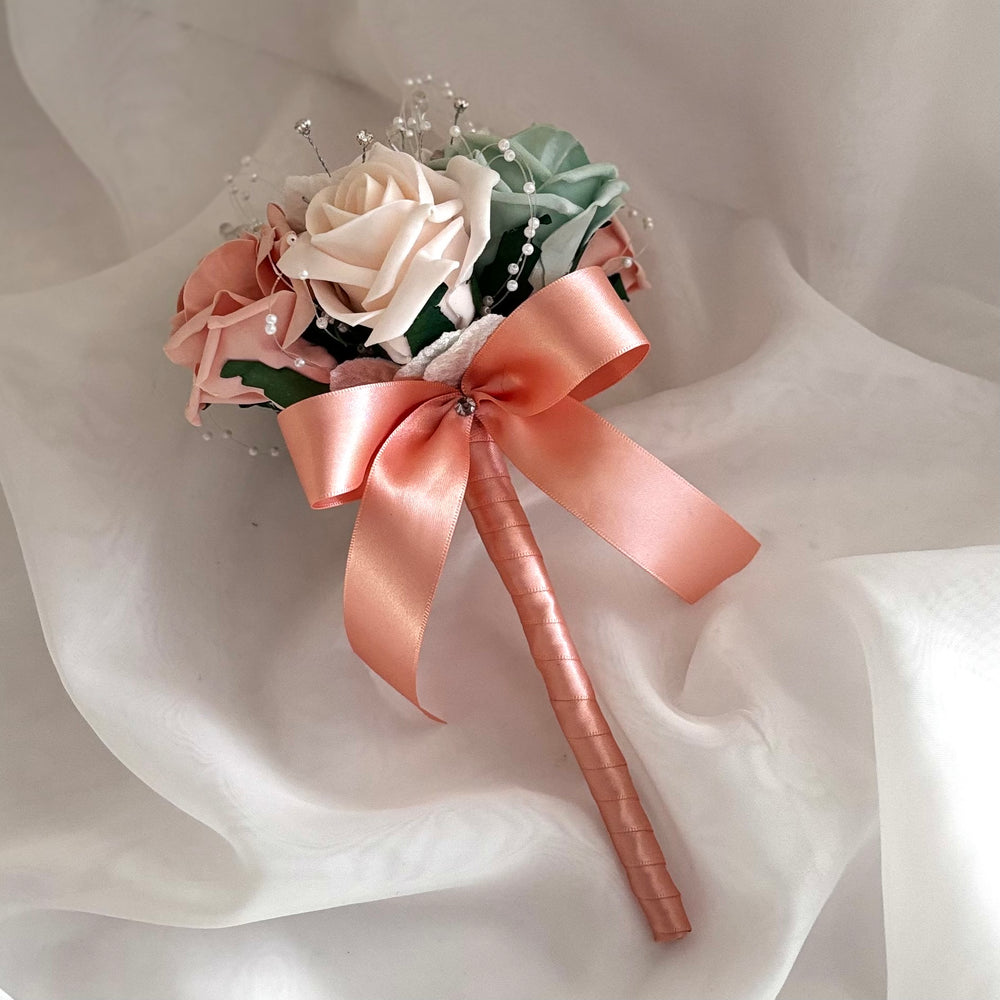 
            
                Load image into Gallery viewer, Artificial Wedding Bouquet Peach and Sage Green, Diamantés and Crystals, Bridal Flowers FL65
            
        