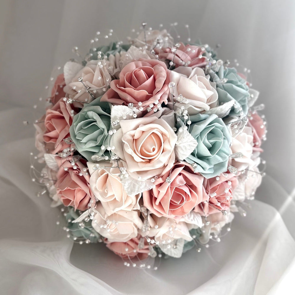 
            
                Load image into Gallery viewer, Artificial Wedding Bouquet Peach and Sage Green, Diamantés and Crystals, Bridal Flowers FL64
            
        