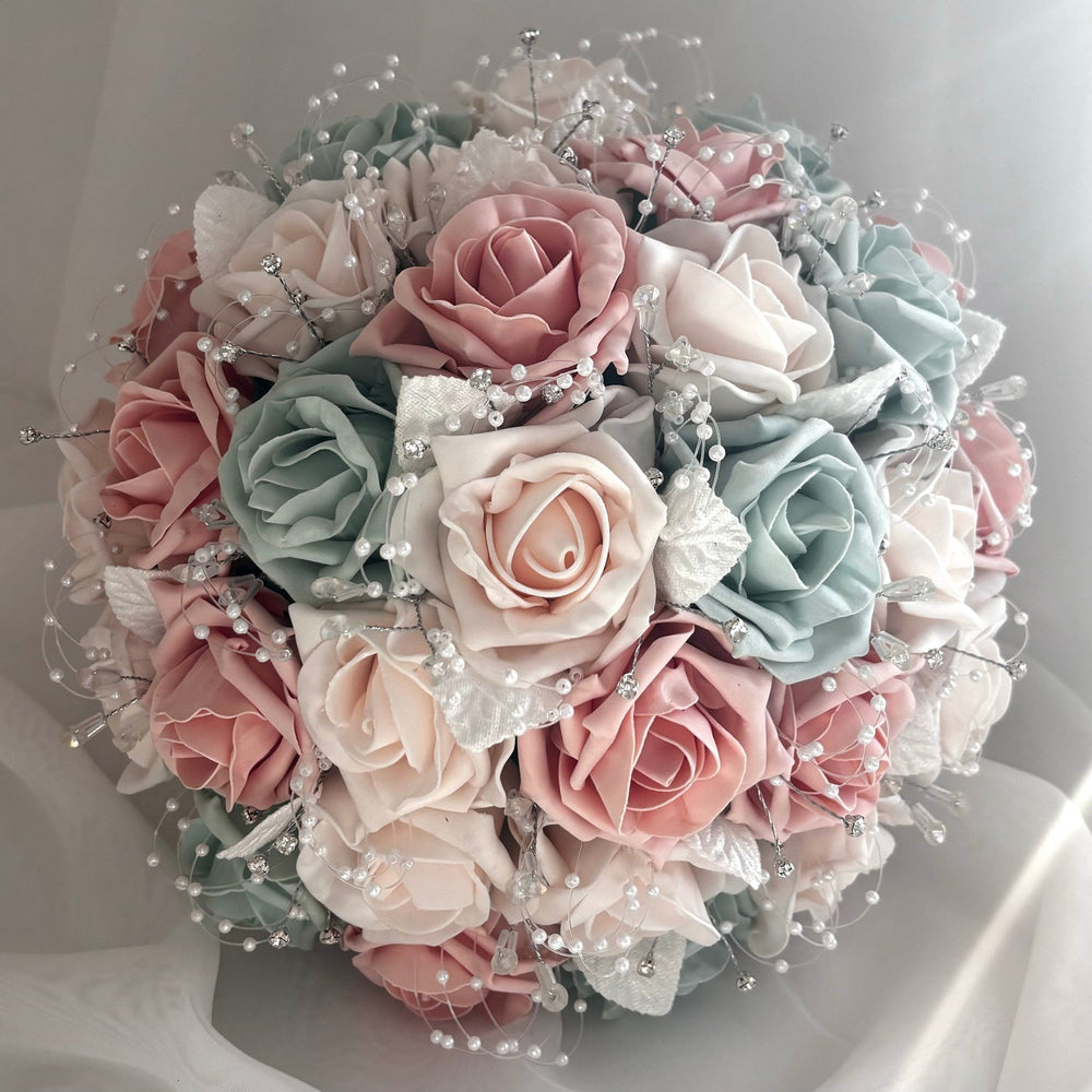 Artificial Wedding Bouquet Peach and Sage Green, Diamantés and Crystals, Bridal Flowers FL64