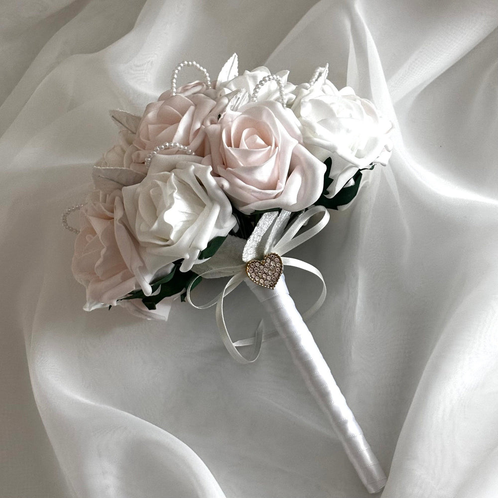 Artificial Wedding Bouquet Pink and White Roses with Pearls, Bridal Flowers FL48