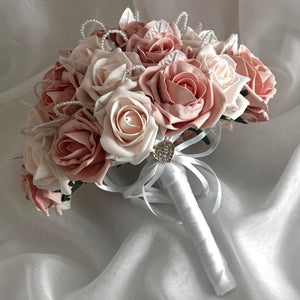 Artificial Wedding Bouquet, Roses and Pearls, Artificial Bridal Flowers, FL74, ALL COLOURS
