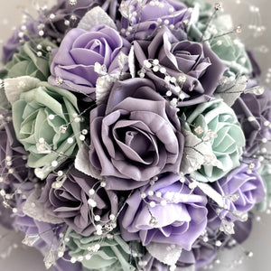 
            
                Load image into Gallery viewer, Artificial Wedding Bouquet Sage Green, Lavender &amp;amp; Lilac Roses, Diamantés and Crystals, Bridal Flowers FL68
            
        