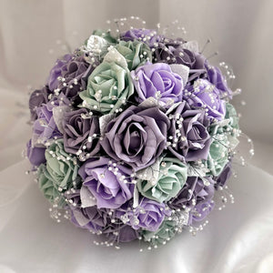 
            
                Load image into Gallery viewer, Artificial Wedding Bouquet Sage Green, Lavender &amp;amp; Lilac Roses, Diamantés and Crystals, Bridal Flowers FL68
            
        