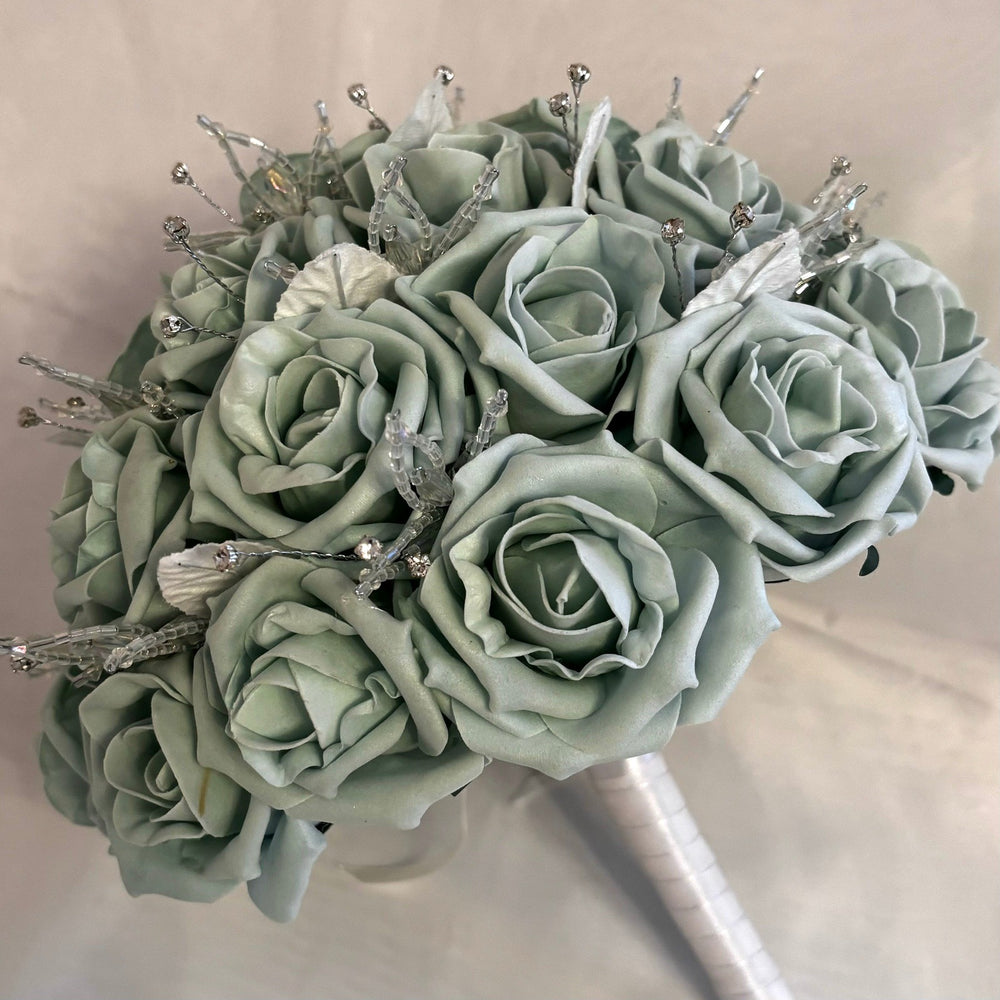 
            
                Load image into Gallery viewer, Artificial Wedding Bouquet Sage Green Roses, Diamantés and Crystals, Bridal Flowers FL56
            
        