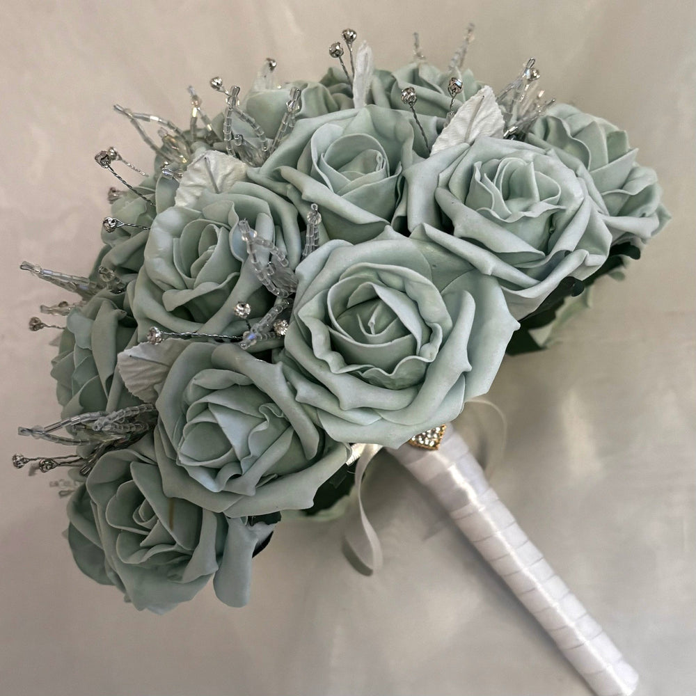 Artificial Wedding Bouquet Sage Green Roses, Diamantés and Crystals, Bridal Flowers FL56
