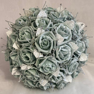 Artificial Wedding Bouquet Sage Green Roses, Diamantés and Crystals, Bridal Flowers FL56