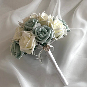 Artificial Wedding Bouquet Sage Green and Ivory Roses with Pearls, Bridal Flowers FL51