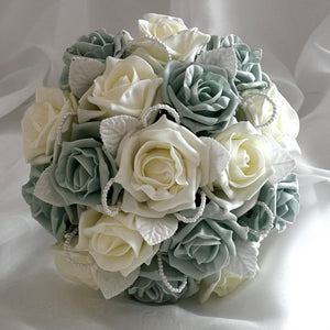 Artificial Wedding Bouquet Sage Green and Ivory Roses with Pearls, Bridal Flowers FL51